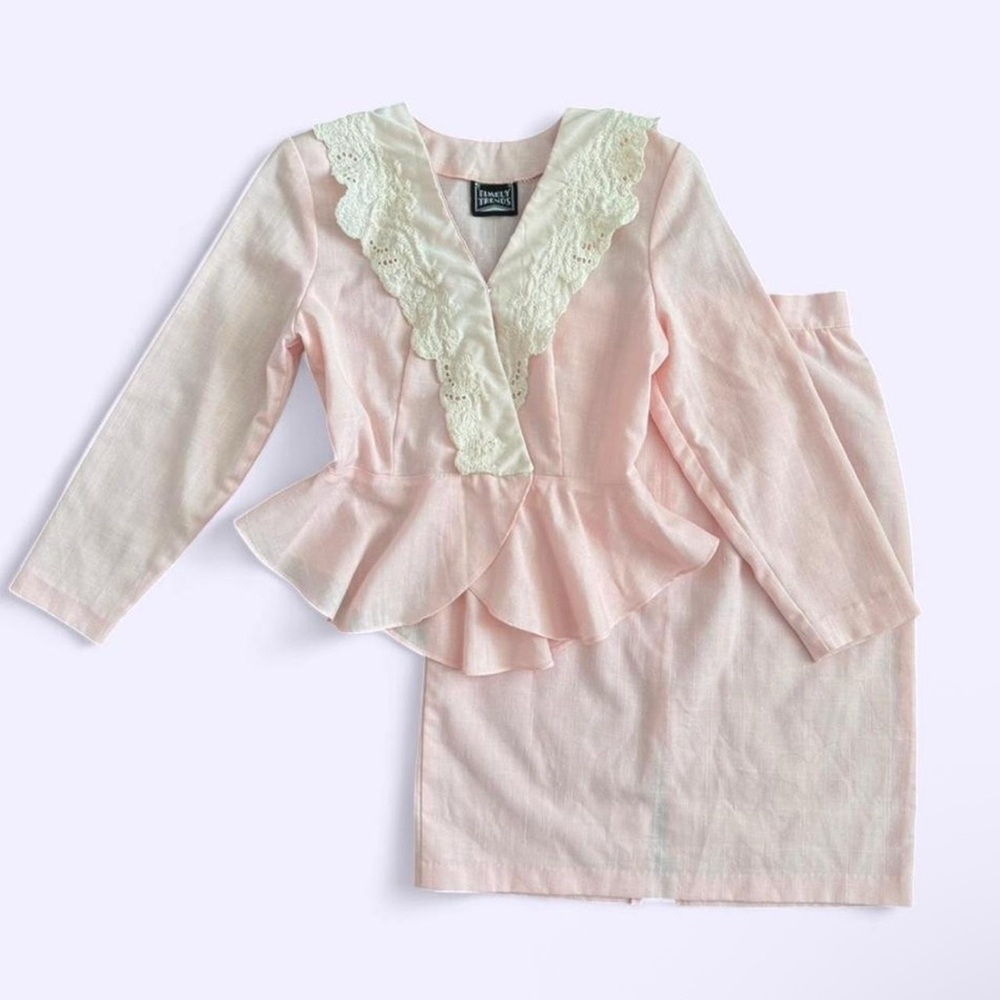 Vintage 80s Pink Linen Blend Eyelet Collar Wrap Skirt Set XS Coquette